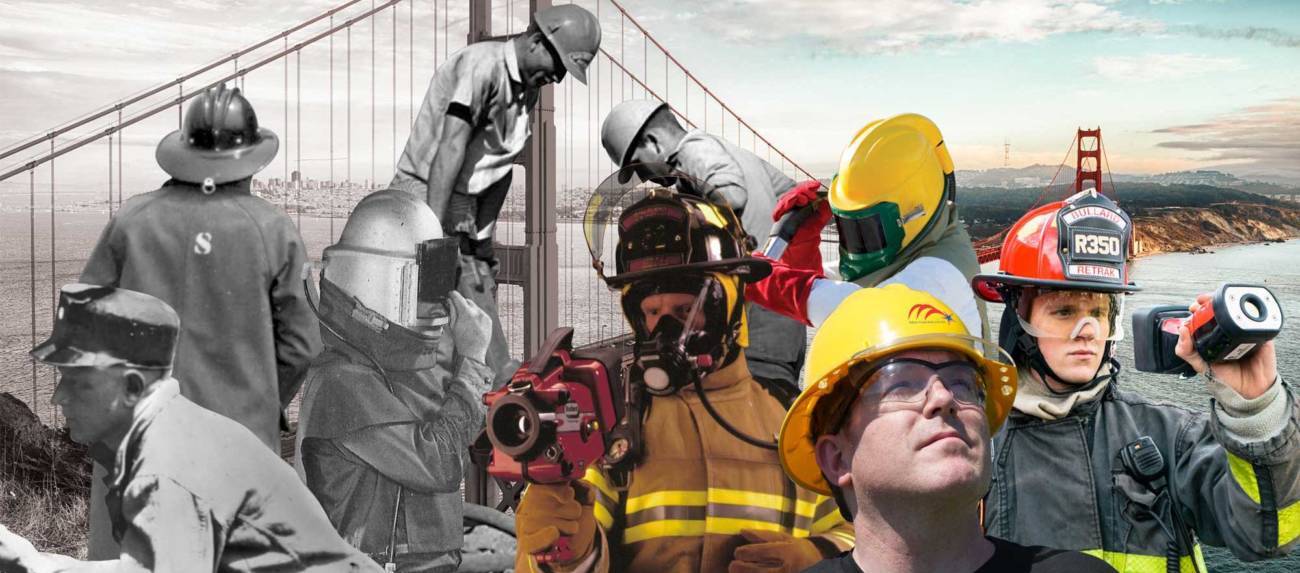Collage of workers wearing bullard PPE throughout time periods.